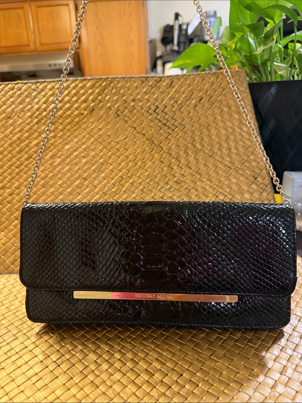 ANTONIO MELANI Black Patent Snake-Embossed Clutch with Silver Bar